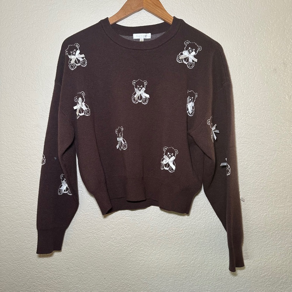 Riley & James Womens L Sweater Chocolate Brown Teddy Bear Graphic Bows Crop Boho